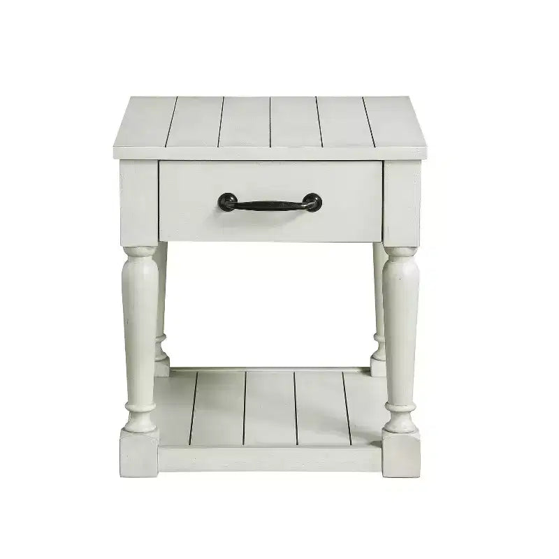 Hemingway End Table Alabaster - Steve Silver Co.: Cottage Style, Turned Legs, Storage Shelf, Planked Top