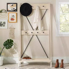 68" Appendiabiti da Ingresso Angolare con Schienale a X in Legno Massello Bianco - Saracina Home: Struttura in Pino, Ganci in Metallo, Ripiano a Doghe