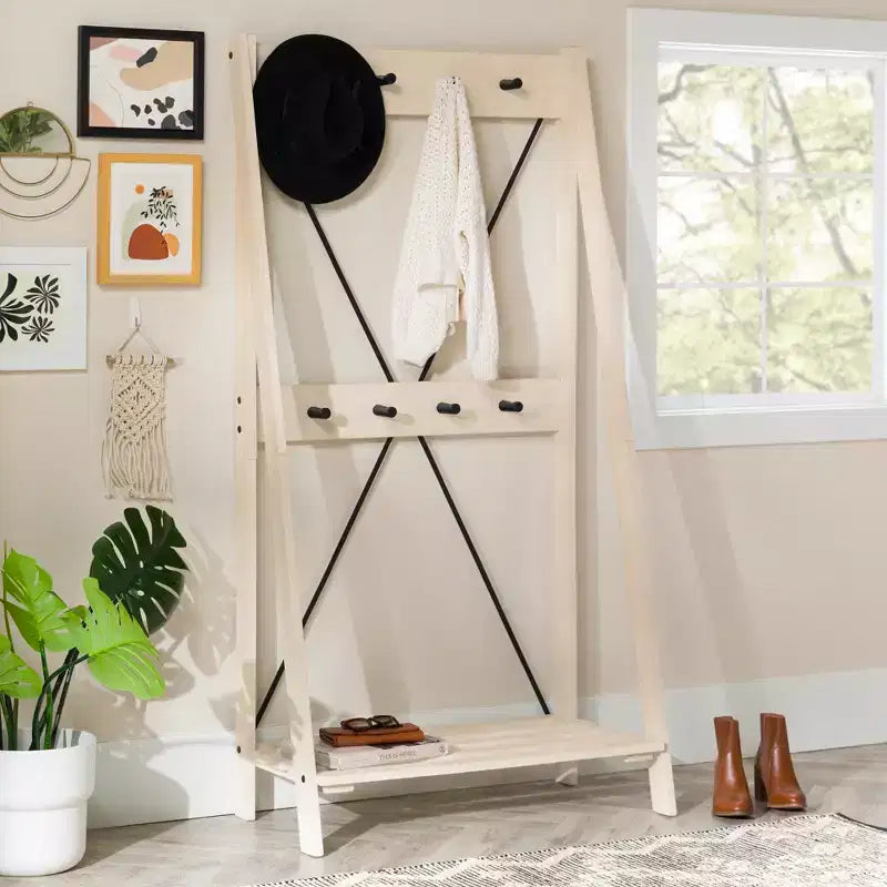 68" Appendiabiti da Ingresso Angolare con Schienale a X in Legno Massello Bianco - Saracina Home: Struttura in Pino, Ganci in Metallo, Ripiano a Doghe