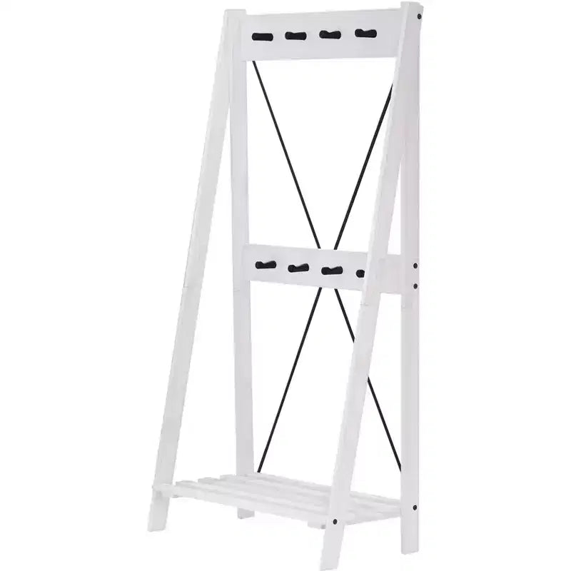 68" Appendiabiti da Ingresso Angolare con Schienale a X in Legno Massello Bianco - Saracina Home: Struttura in Pino, Ganci in Metallo, Ripiano a Doghe