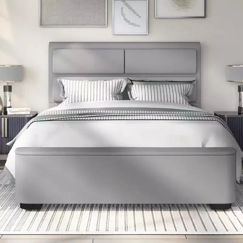 Letto imbottito Queen Nirlen con contenitore grigio - HOMES: Inside + Out: Poliestere, Schiuma, Legno di gomma, Design moderno