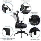 Sedia da ufficio ergonomica in rete Flash Furniture con meccanismo di inclinazione sincronizzata, poggiatesta girevole regolabile, supporto lombare, appendiabiti e braccioli regolabili