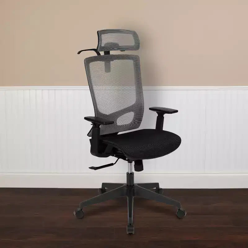 Sedia da ufficio ergonomica in rete Flash Furniture con meccanismo di inclinazione sincronizzata, poggiatesta girevole regolabile, supporto lombare, appendiabiti e braccioli regolabili