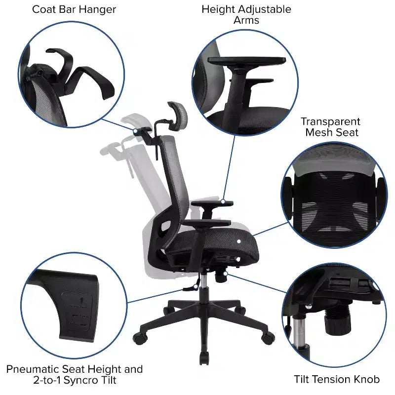 Sedia da ufficio ergonomica in rete Flash Furniture con meccanismo di inclinazione sincronizzata, poggiatesta girevole regolabile, supporto lombare, appendiabiti e braccioli regolabili