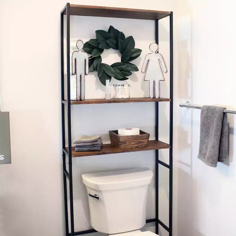 Sunnydaze Scaffale a 3 Ripiani in Ferro e Impiallacciatura da Sovra-WC Etagere Mobiletto Contenitore da Bagno Salvaspazio - Teak