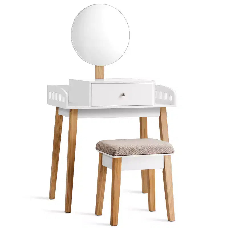 Costway Tavolino Trucco Toeletta in Legno con Sgabello Tondo e Cassetto