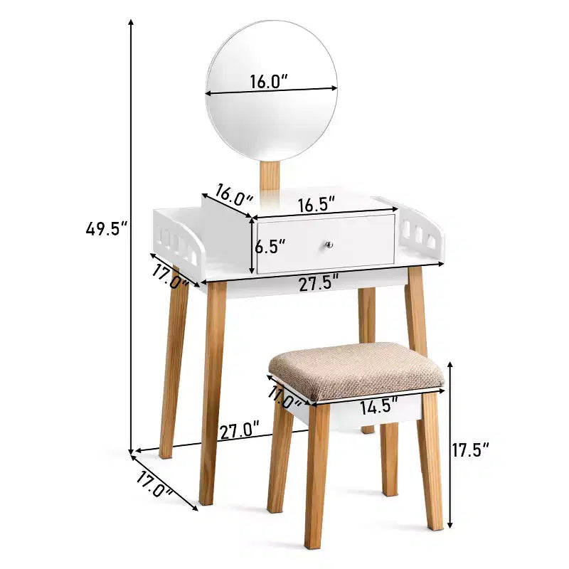Costway Tavolino Trucco Toeletta in Legno con Sgabello Tondo e Cassetto