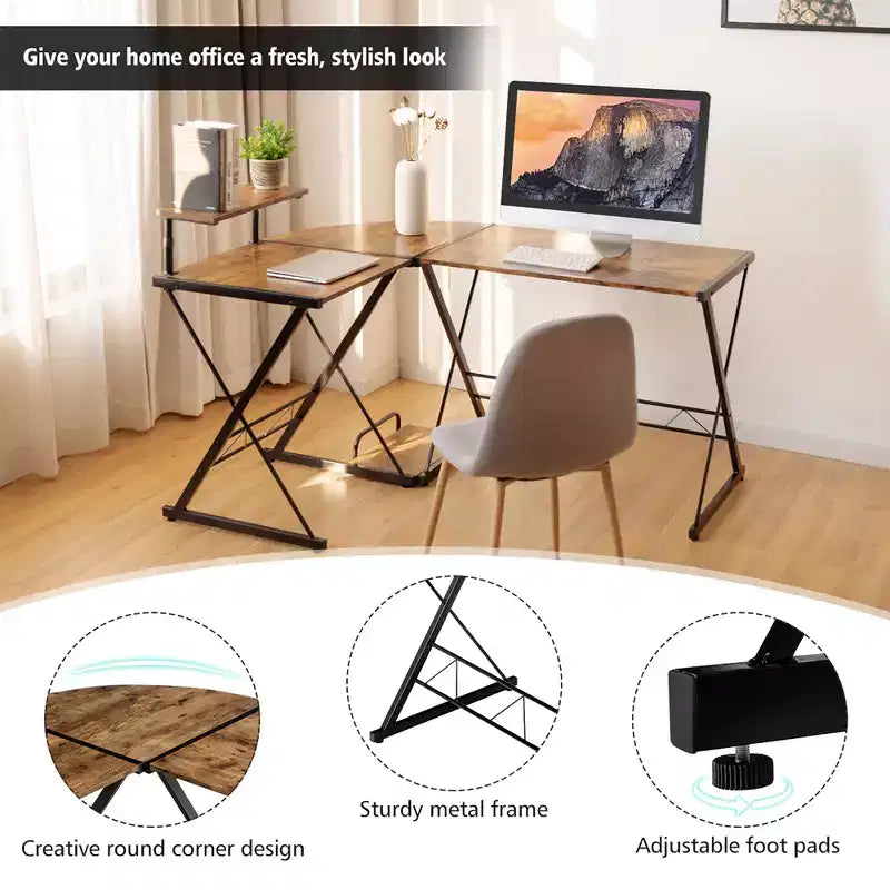 Costway Scrivania da gioco a L per computer 58'' x 44'' con supporto monitor e vassoio per host, per ufficio domestico
