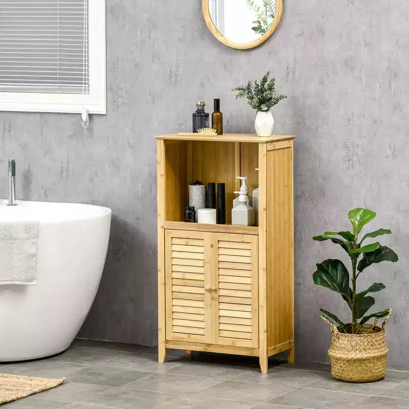 HOMCOM Mobiletto da Bagno in Bambù, Organizer da Soggiorno con Ripiani e Ante, Naturale