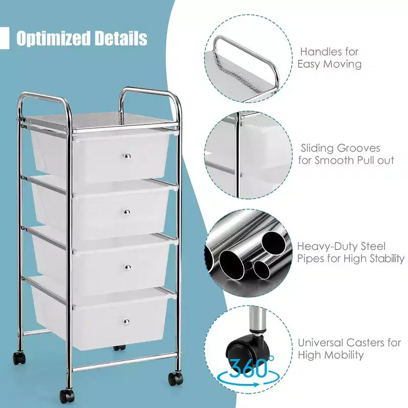 Costway Carrello Portaoggetti a 4 Cassetti con Organizer e Ruote in Plastica Giallo/Trasparente/Multicolore/Arcobaleno