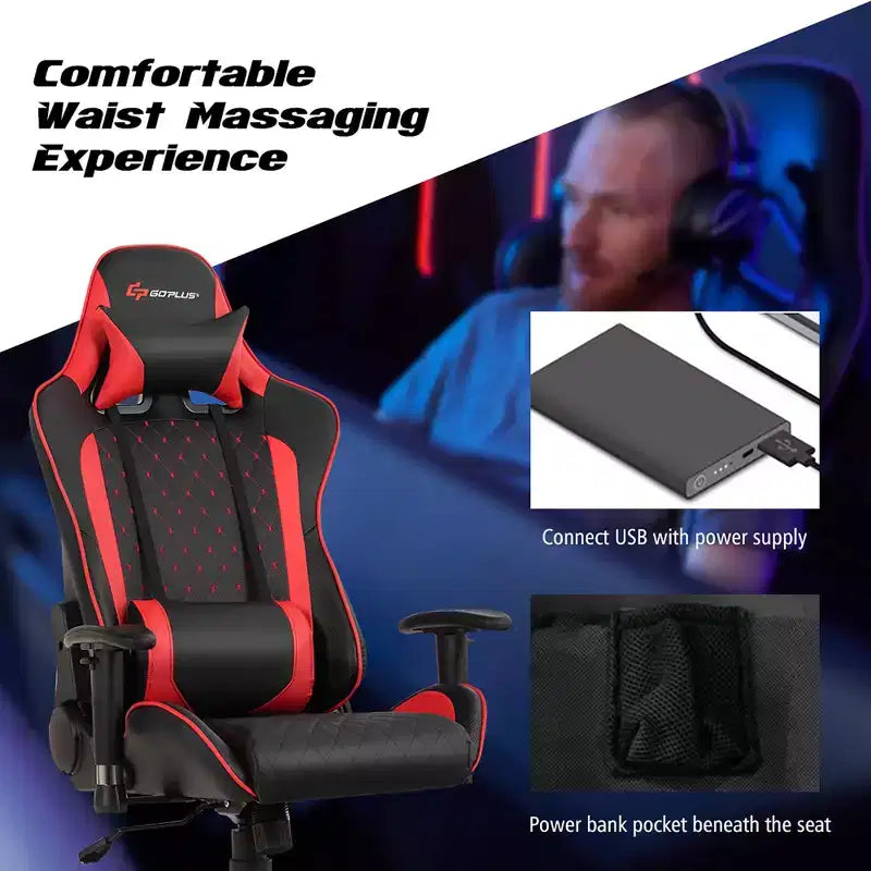 Sedia da Gaming con Massaggio Costway, Sedia da Corsa Reclinabile con Supporto Lombare e Poggiatesta Bianco/Blu/Rosa/Rosso
