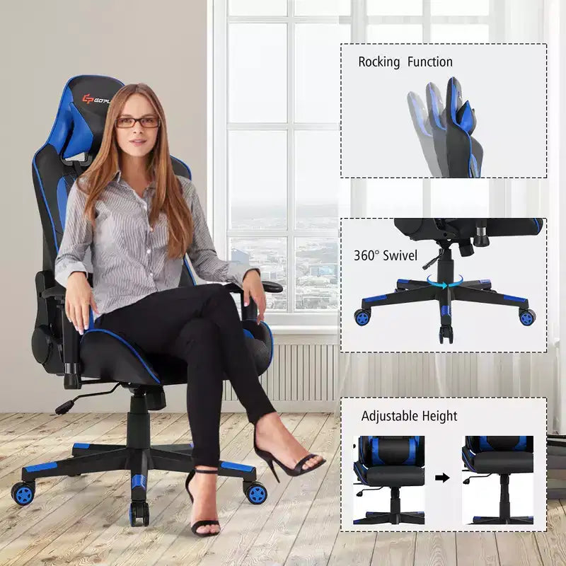 Sedia da Gaming con Massaggio Costway, Sedia da Corsa Reclinabile con Supporto Lombare e Poggiatesta Bianco/Blu/Rosa/Rosso