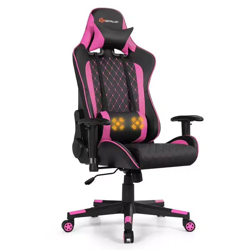 Sedia da Gaming con Massaggio Costway, Sedia da Corsa Reclinabile con Supporto Lombare e Poggiatesta Bianco/Blu/Rosa/Rosso