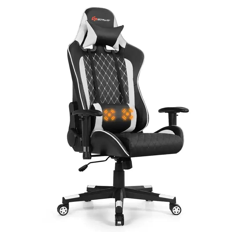 Sedia da Gaming con Massaggio Costway, Sedia da Corsa Reclinabile con Supporto Lombare e Poggiatesta Bianco/Blu/Rosa/Rosso