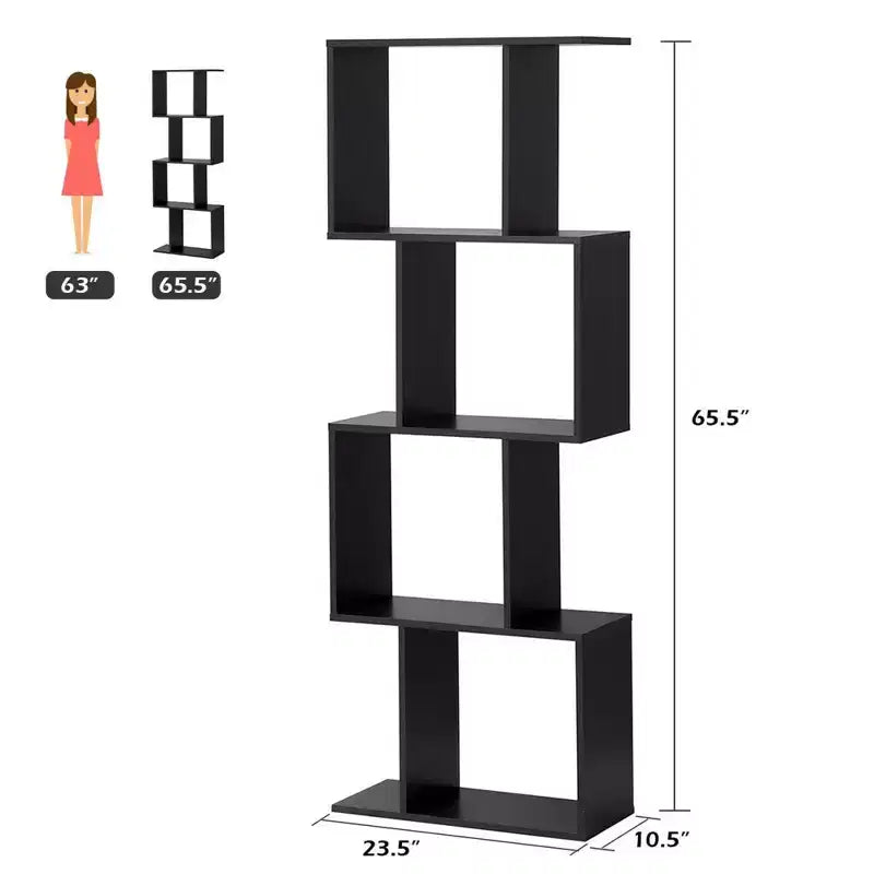 Costway Scaffale a 4 ripiani a forma di S Libreria autoportante Mobiletto Portaoggetti Espositore in Legno Nero