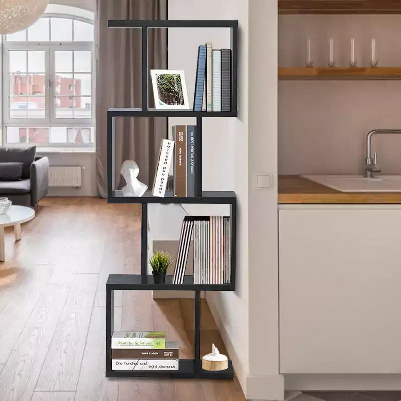 Costway Scaffale a 4 ripiani a forma di S Libreria autoportante Mobiletto Portaoggetti Espositore in Legno Nero