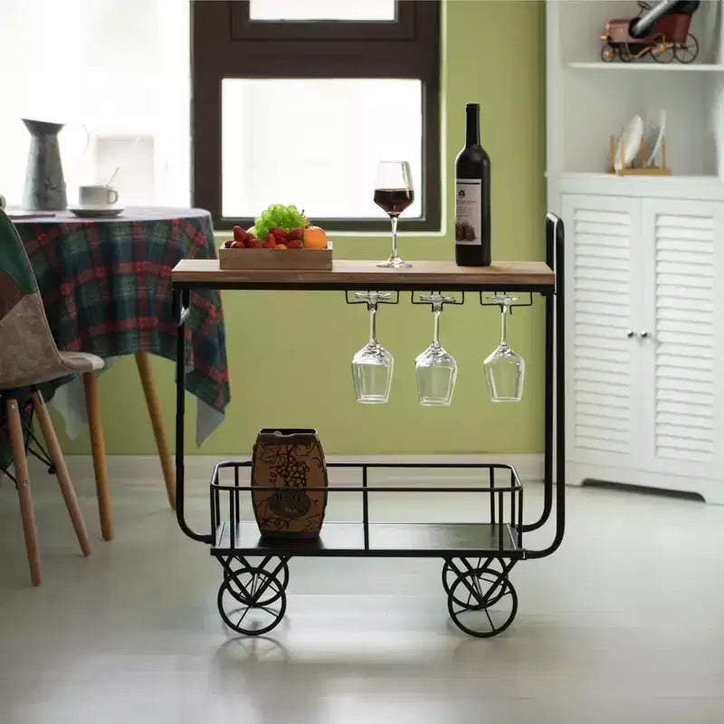 Carrello da Bar in Metallo Vintiquewise con Ruote, Portabottiglie e Porta Bicchieri