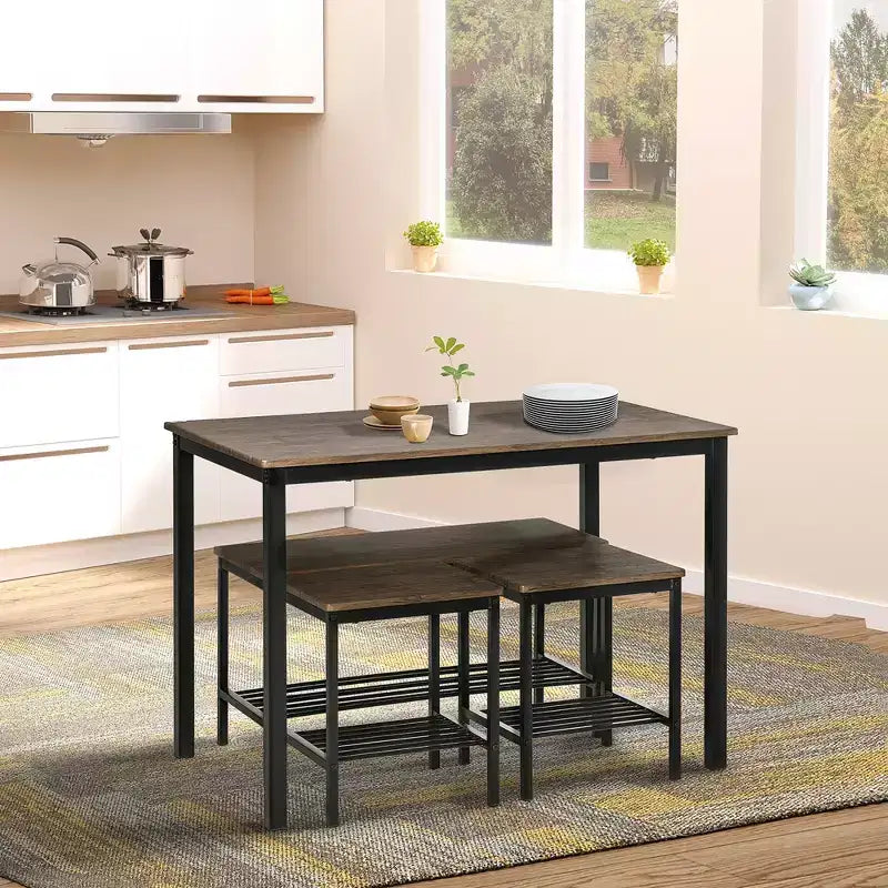 Set Tavolo da Pranzo Industriale HOMCOM, Tavolo e Sedie da Cucina per 4 Persone, Tavolo da Pranzo con Panca, Struttura in Metallo, Scaffale Contenitore, Set Dinette, Marrone Rustico