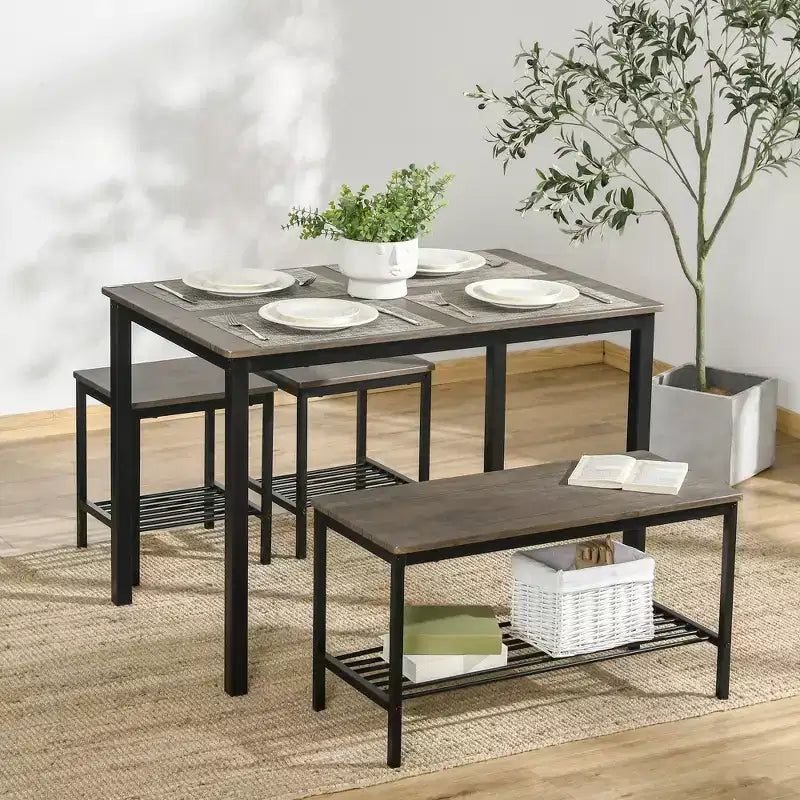 Set Tavolo da Pranzo Industriale HOMCOM, Tavolo e Sedie da Cucina per 4 Persone, Tavolo da Pranzo con Panca, Struttura in Metallo, Scaffale Contenitore, Set Dinette, Marrone Rustico