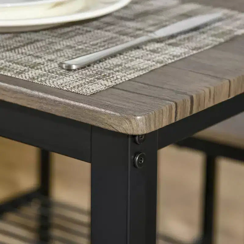 Set Tavolo da Pranzo Industriale HOMCOM, Tavolo e Sedie da Cucina per 4 Persone, Tavolo da Pranzo con Panca, Struttura in Metallo, Scaffale Contenitore, Set Dinette, Marrone Rustico