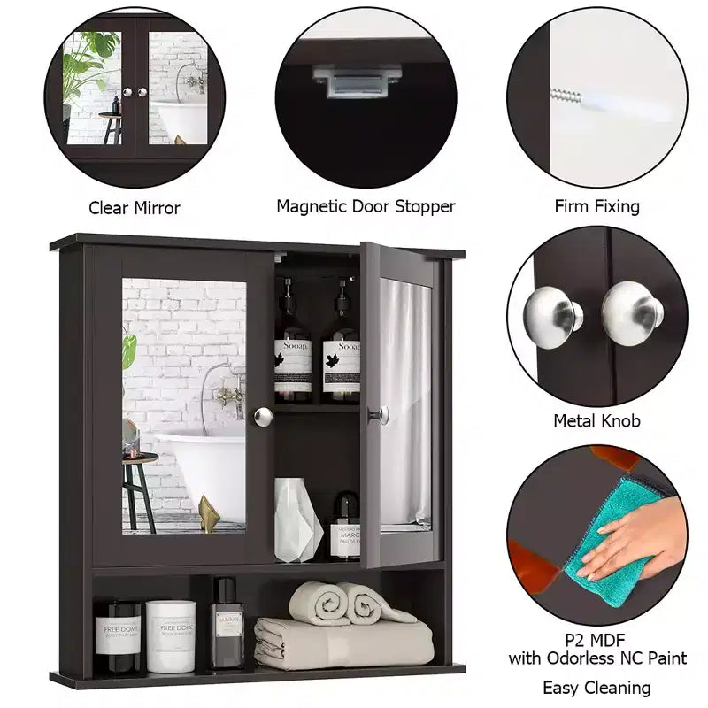 Costway Specchio da Parete Mobiletto a Muro Bagno con Armadietto per Medicinali Organizer Bianco/Grigio/Marrone/Nero