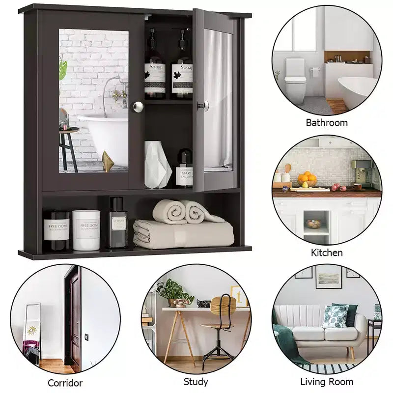 Costway Specchio da Parete Mobiletto a Muro Bagno con Armadietto per Medicinali Organizer Bianco/Grigio/Marrone/Nero