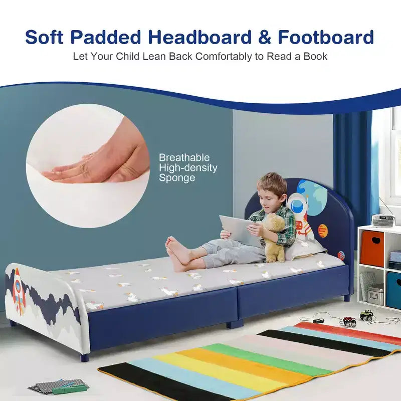 Costway Letto a Piattaforma per Bambini Imbottito, Letto Singolo in Legno con Motivo Astronauta