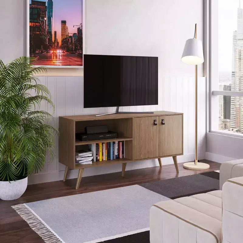 Mobile TV Manhattan Comfort in similpelle color ambra con maniglie per TV fino a 50 pollici