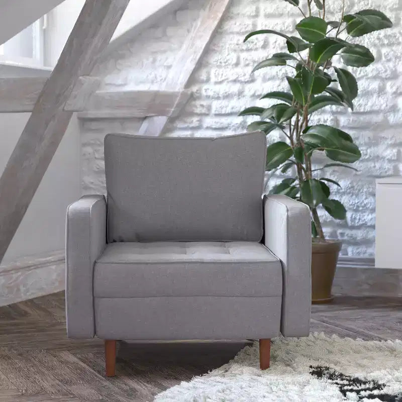 Poltrona Flash Furniture Hudson in stile moderno di metà secolo di qualità commerciale con rivestimento trapuntato in simil lino e gambe in legno massello