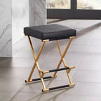 55 Downing Street Sgabello da bar in metallo, dorato, altezza 25", moderno di metà secolo, cuscino in ecopelle nera con poggiapiedi per bancone da cucina, isola domestica