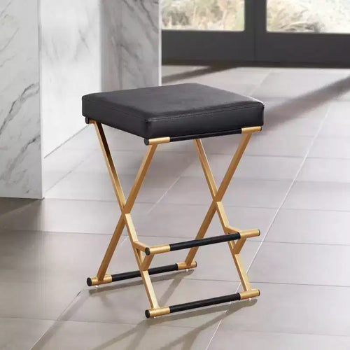 55 Downing Street Sgabello da bar in metallo, dorato, altezza 25", moderno di metà secolo, cuscino in ecopelle nera con poggiapiedi per bancone da cucina, isola domestica