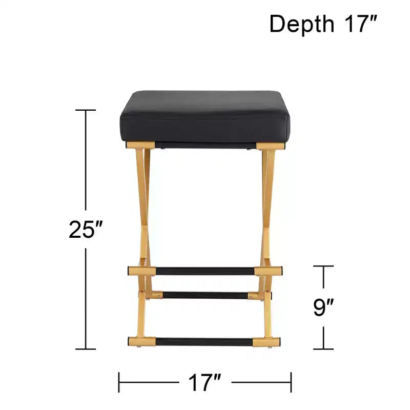 55 Downing Street Sgabello da bar in metallo, dorato, altezza 25", moderno di metà secolo, cuscino in ecopelle nera con poggiapiedi per bancone da cucina, isola domestica
