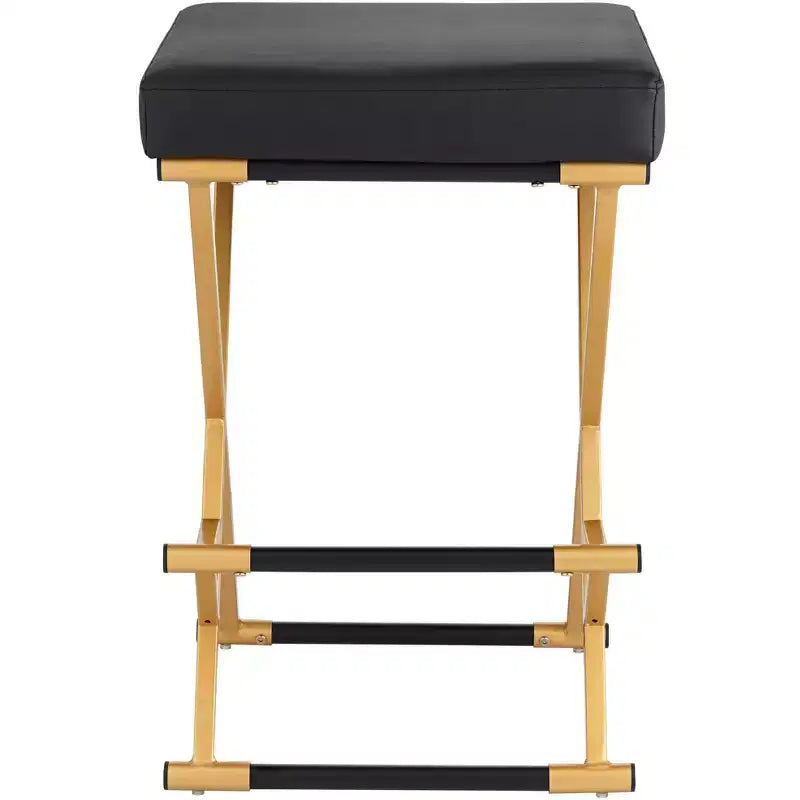 55 Downing Street Sgabello da bar in metallo, dorato, altezza 25", moderno di metà secolo, cuscino in ecopelle nera con poggiapiedi per bancone da cucina, isola domestica