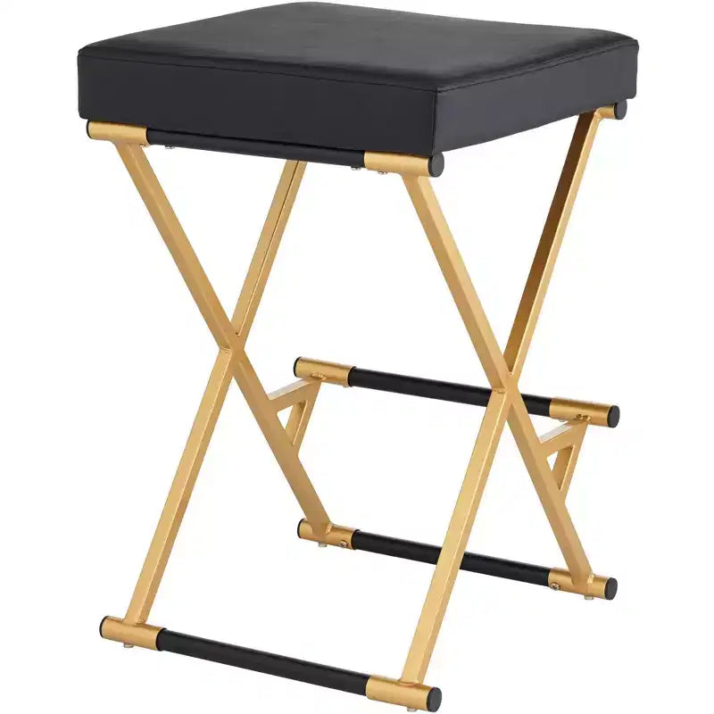 55 Downing Street Sgabello da bar in metallo, dorato, altezza 25", moderno di metà secolo, cuscino in ecopelle nera con poggiapiedi per bancone da cucina, isola domestica