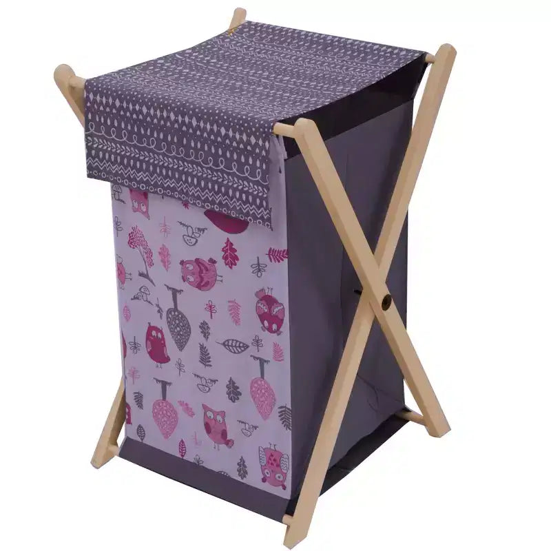 Bacati - Owls Pink/Gray Girls Laundry Hamper with Wooden Frame