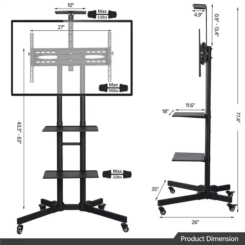 Yaheetech Carrello TV Mobile Regolabile in Metallo Supporto TV Nero