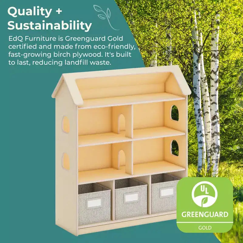 Libreria per casa delle bambole Guidecraft EdQ: mobile in legno per bambini per giochi di finzione per sala giochi e aula, con contenitori per giocattoli e bambole