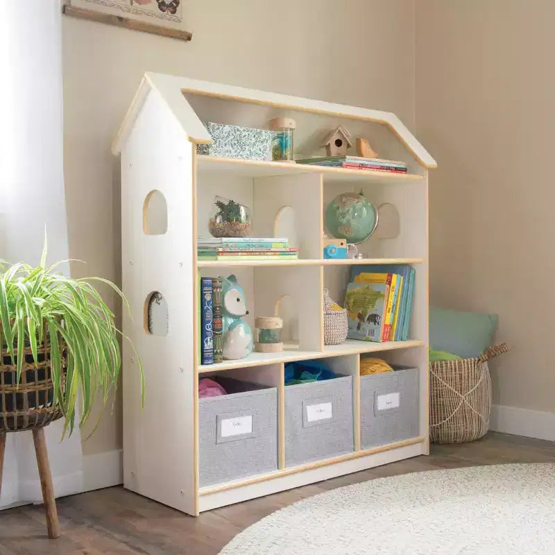 Libreria per casa delle bambole Guidecraft EdQ: mobile in legno per bambini per giochi di finzione per sala giochi e aula, con contenitori per giocattoli e bambole