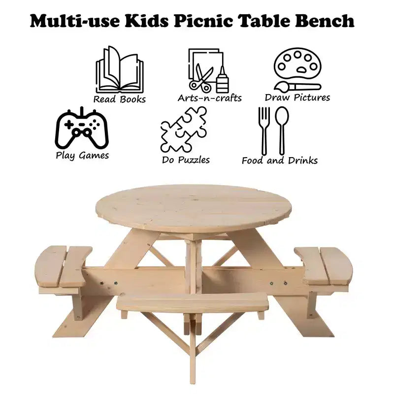 Gardenised Tavolo da Picnic Rotondo in Legno per Bambini, Panca da Esterno per Bambini, Tavolo da Patio per Artigianato, Pranzo e Gioco