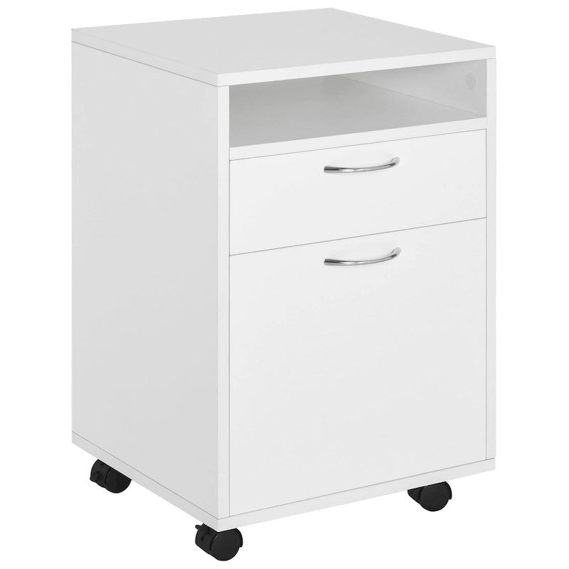 Organizzatore mobiletto con cassetto e armadietto, supporto per stampante con rotelle, bianco