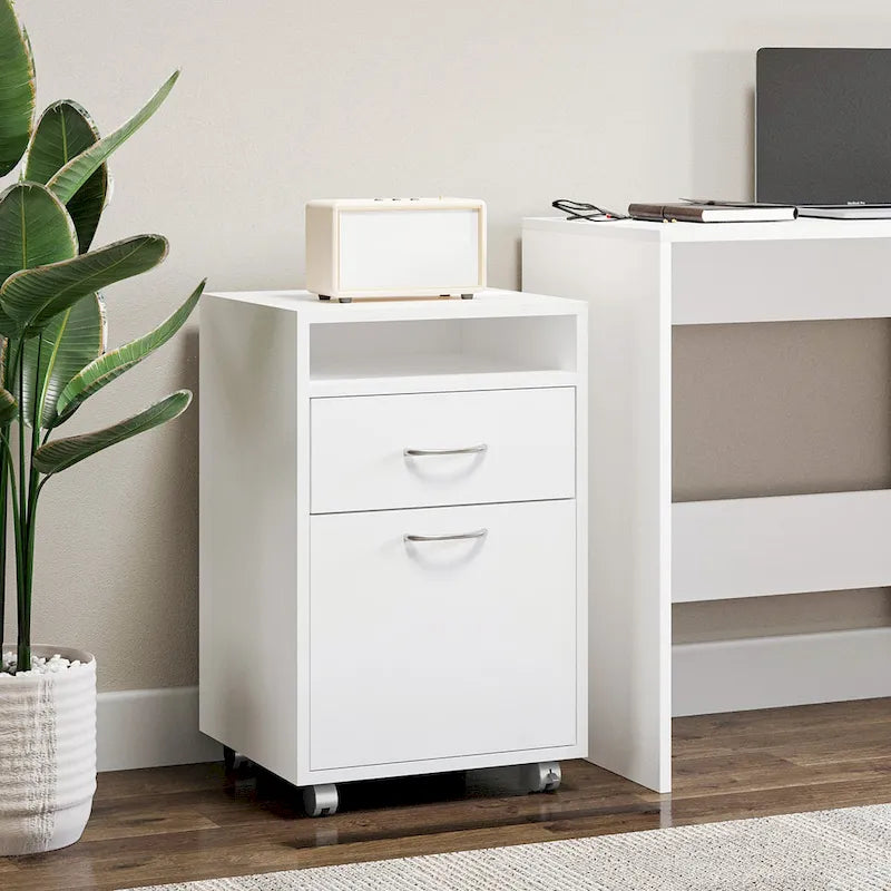 Organizzatore mobiletto con cassetto e armadietto, supporto per stampante con rotelle, bianco