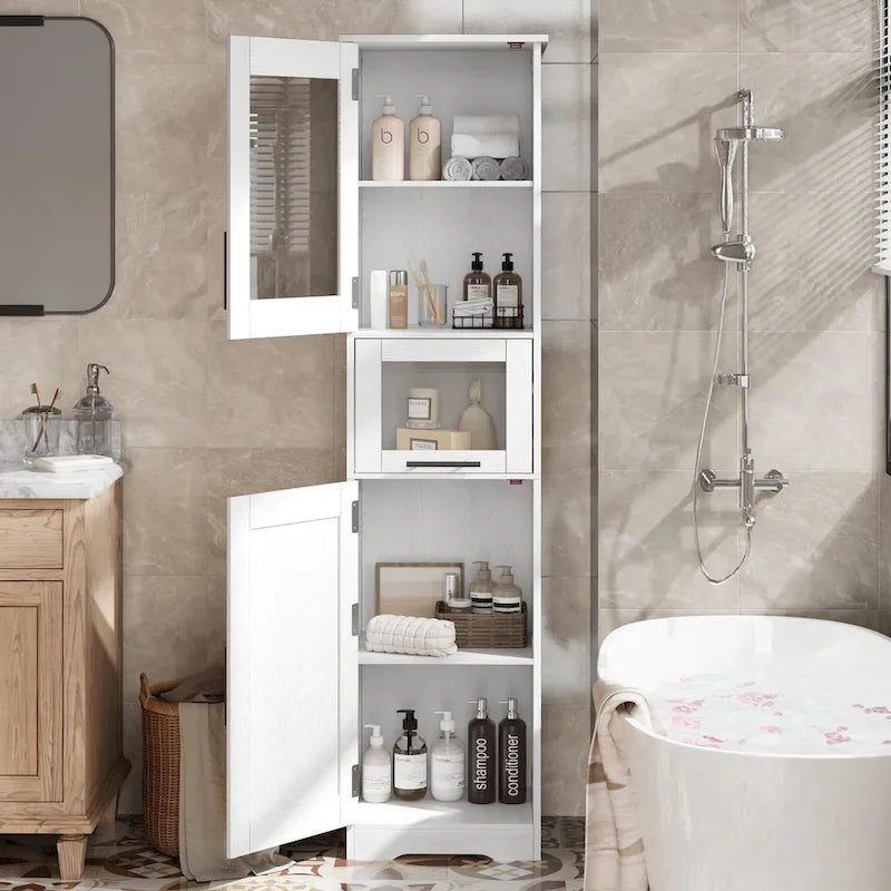 Mobiletto alto da bagno, armadietto salvaspazio stretto con ante e ripiani regolabili
