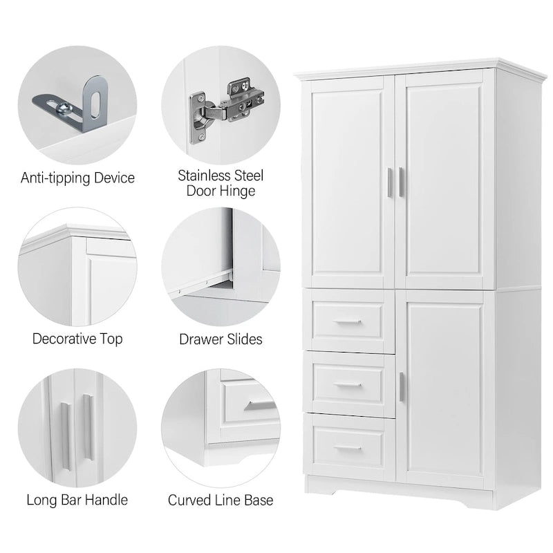 Armadio da bagno alto con ante, tre cassetti