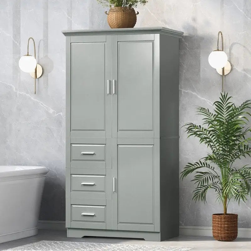 Armadio da bagno alto con ante, tre cassetti