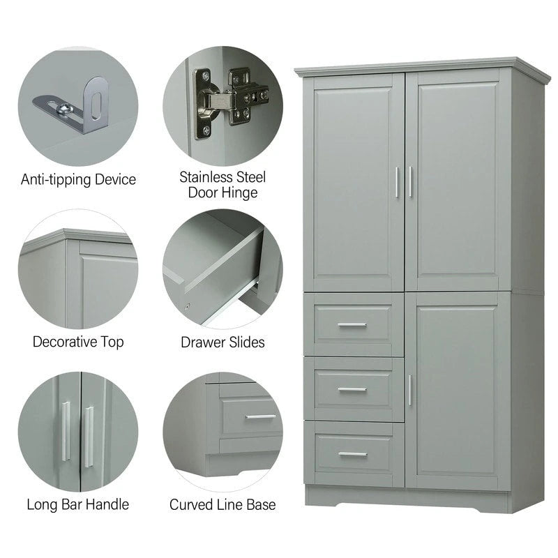Armadio da bagno alto con ante, tre cassetti