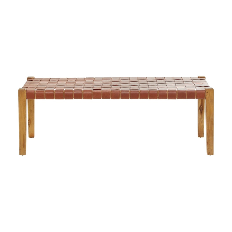 Panca in pelle intrecciata fatta a mano nera o marrone - 47 x 18 x 17