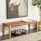 Panca in pelle intrecciata fatta a mano nera o marrone - 47 x 18 x 17