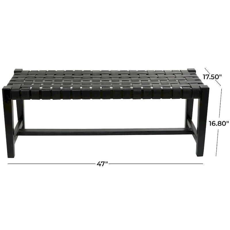 Panca in pelle intrecciata fatta a mano nera o marrone - 47 x 18 x 17