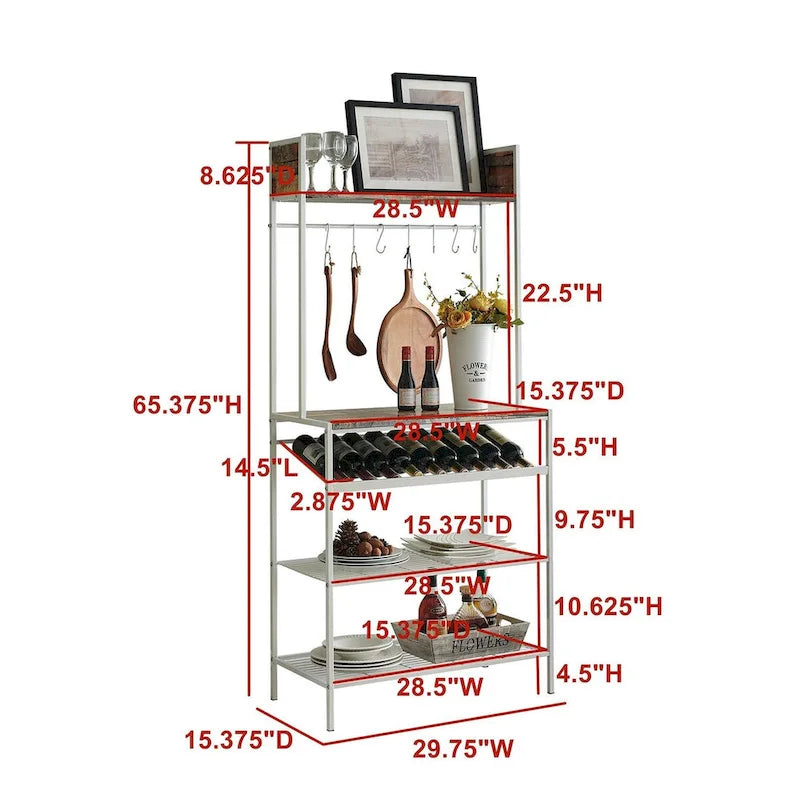 Scaffale da Panettiere a Mattonelle Rosse con Portabottiglie da 9 Bottiglie e 8 Ganci - Organizer da Cucina, Bianco