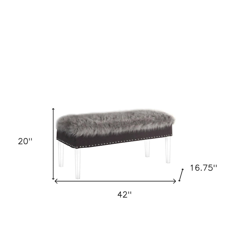 Panca in finta pelliccia imbottita grigia e trasparente con piano a ribalta, 42"